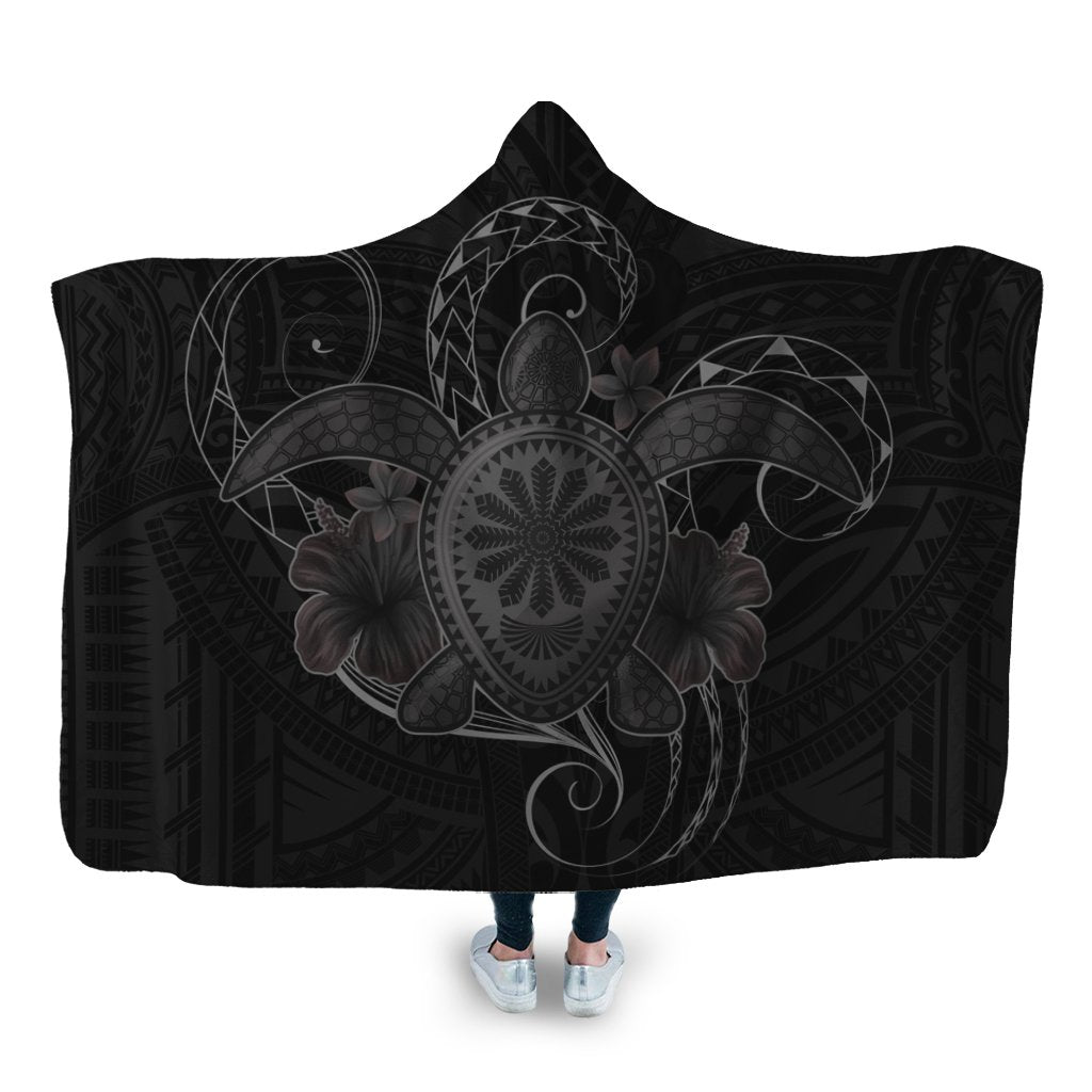 Hawaii Turtle Hibiscus Polynesian Hooded Blanket - Full Style - Gray - AH Hooded Blanket White - Polynesian Pride