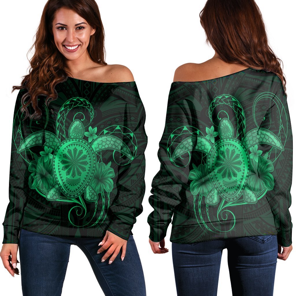 Hawaii Turtle Hibiscus Polynesian Women's Off Shoulder Sweater - Full Style - Green - AH Black - Polynesian Pride