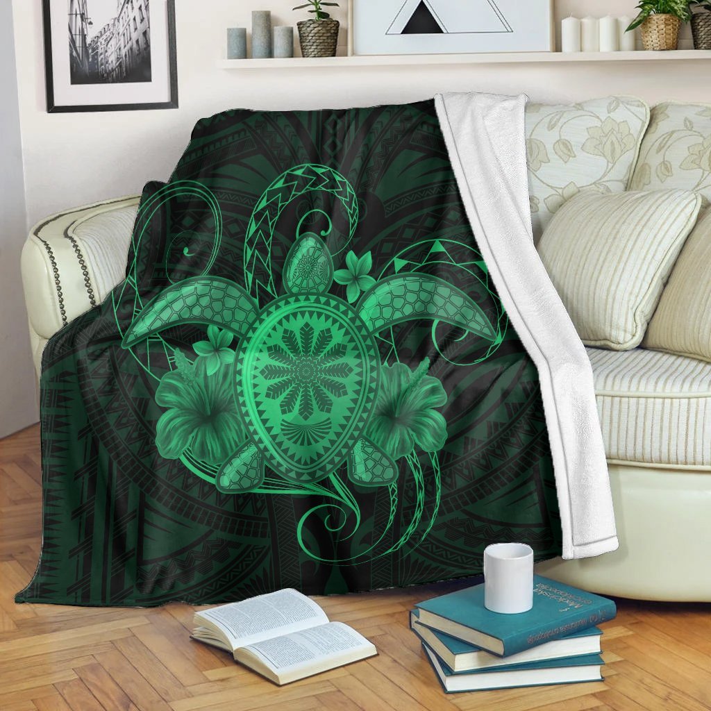 Hawaii Turtle Hibiscus Polynesian Premium Blankets - Full Style - Green - AH White - Polynesian Pride