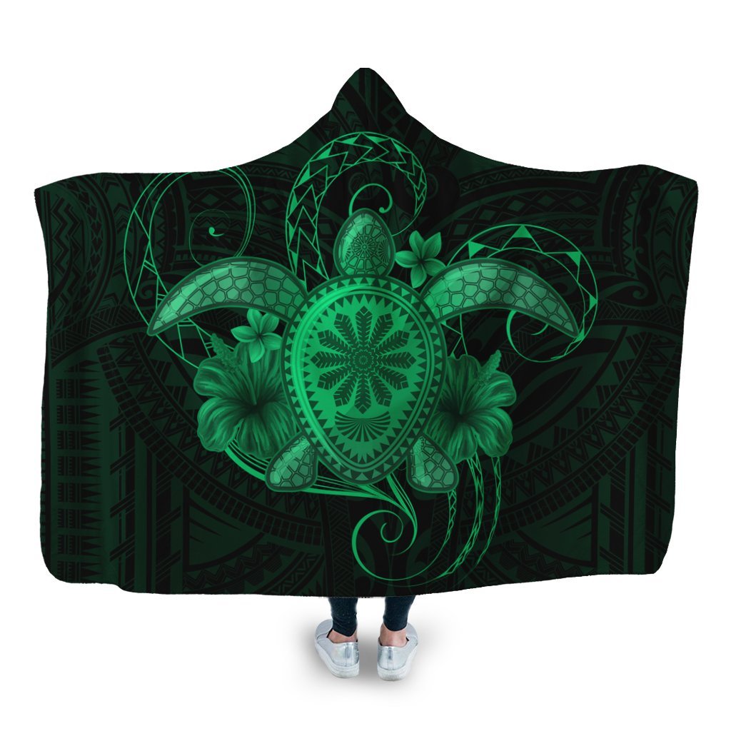 Hawaii Turtle Hibiscus Polynesian Hooded Blanket - Full Style - Green - AH Hooded Blanket White - Polynesian Pride