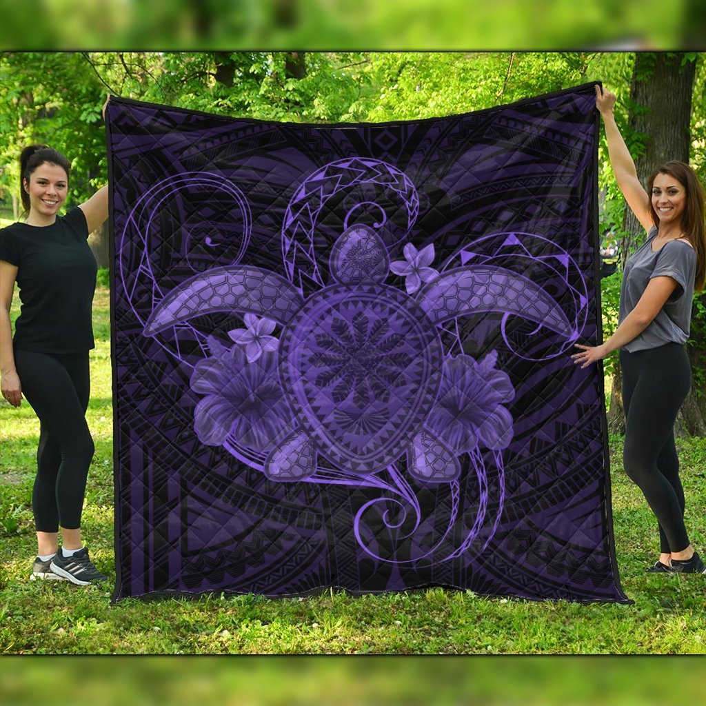 Hawaii Turtle Hibiscus Polynesian Premium Quilts - Full Style - Purple - AH Black - Polynesian Pride