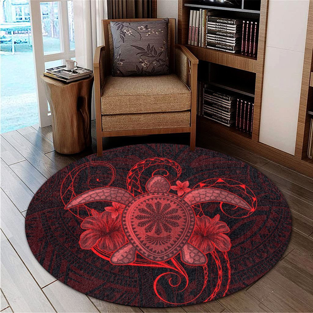 Hawaii Turtle Hibiscus Polynesian Round Carpet - Full Style - Red - AH - Polynesian Pride