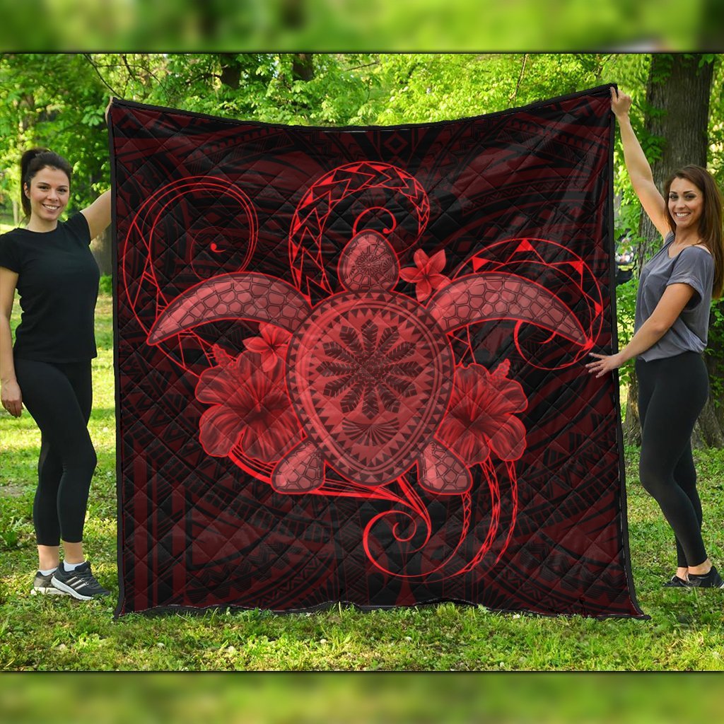 Hawaii Turtle Hibiscus Polynesian Premium Quilts - Full Style - Red - AH Black - Polynesian Pride