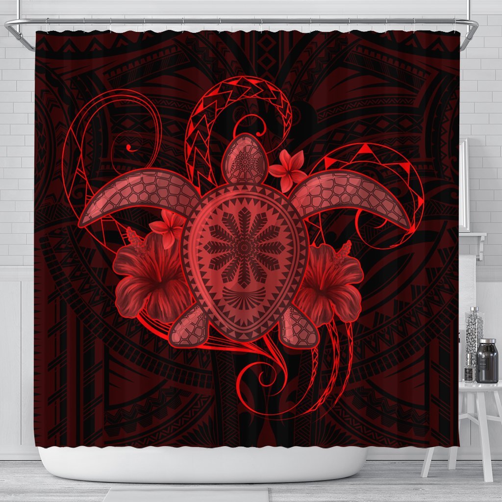 Hawaii Turtle Hibiscus Polynesian Shower Curtain - Full Style - Red - AH 177 x 172 (cm) Black - Polynesian Pride