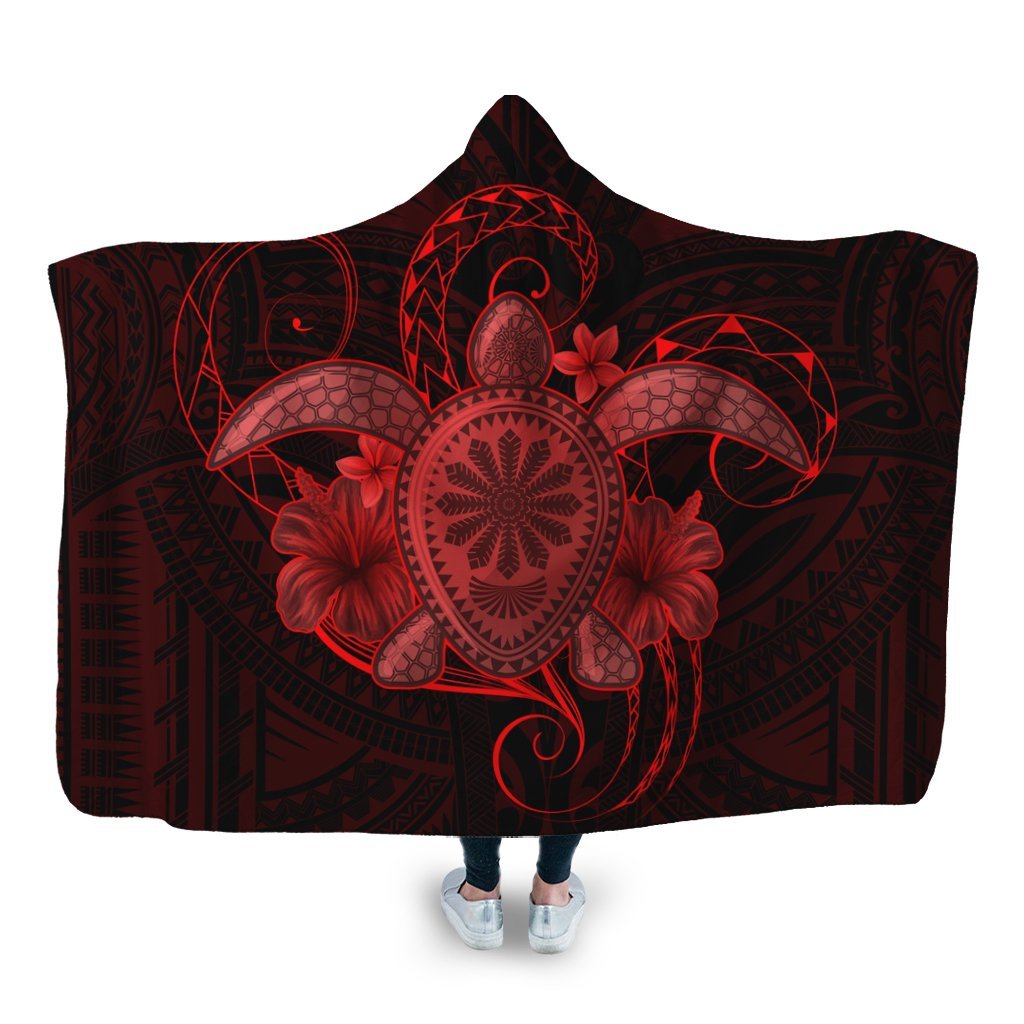 Hawaii Turtle Hibiscus Polynesian Hooded Blanket - Full Style - Red - AH Hooded Blanket White - Polynesian Pride