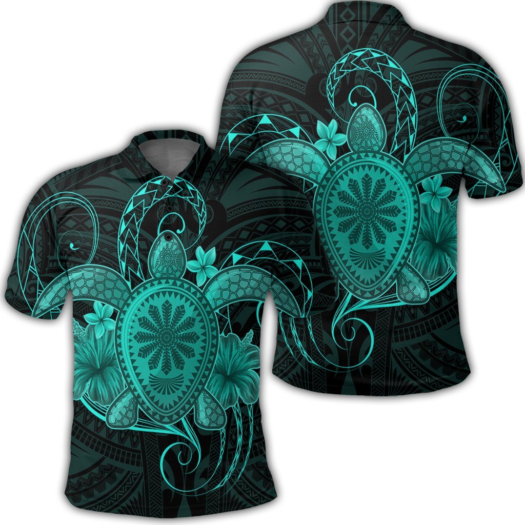 Hawaii Turtle Hibiscus Polynesian Polo Shirt Full Style Turquoise Unisex Black - Polynesian Pride