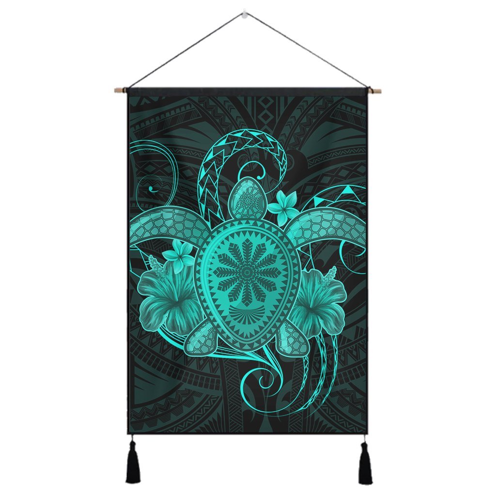 Hawaii Turtle Hibiscus Polynesian Hanging Poster - Full Style - Turquoise - AH Hanging Poster Cotton And Linen - Polynesian Pride