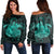 Hawaii Turtle Hibiscus Polynesian Women's Off Shoulder Sweater - Full Style - Turquoise - AH Black - Polynesian Pride