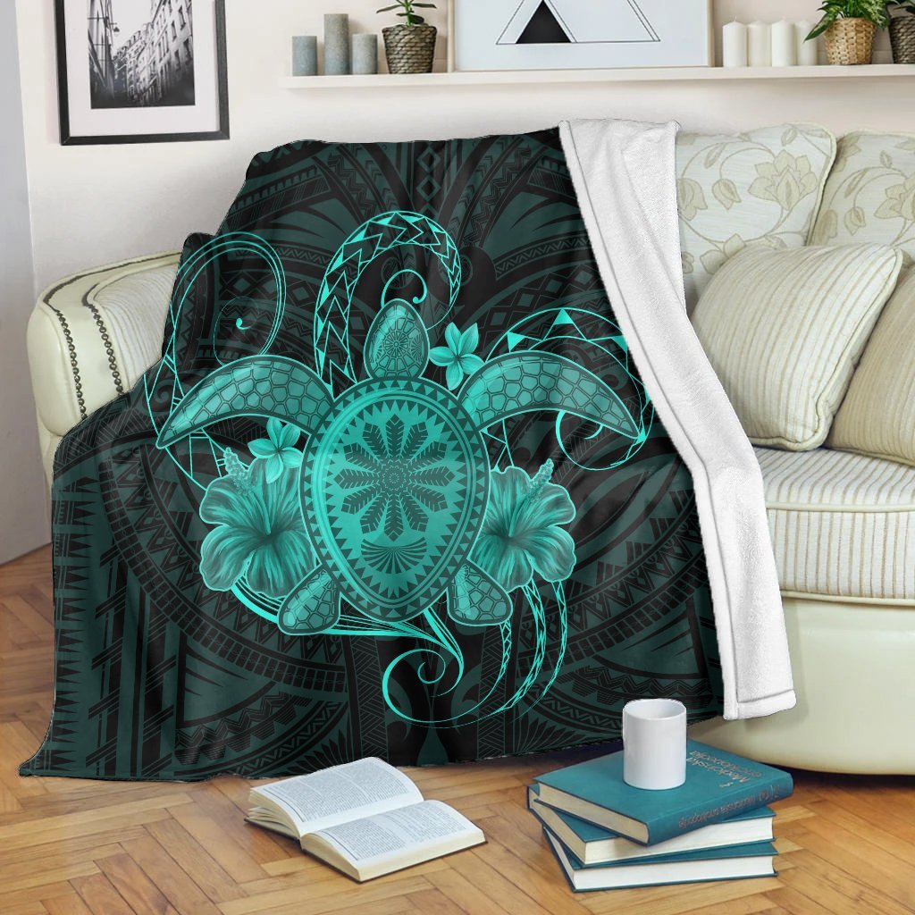 Hawaii Turtle Hibiscus Polynesian Premium Blankets - Full Style - Turquoise - AH White - Polynesian Pride