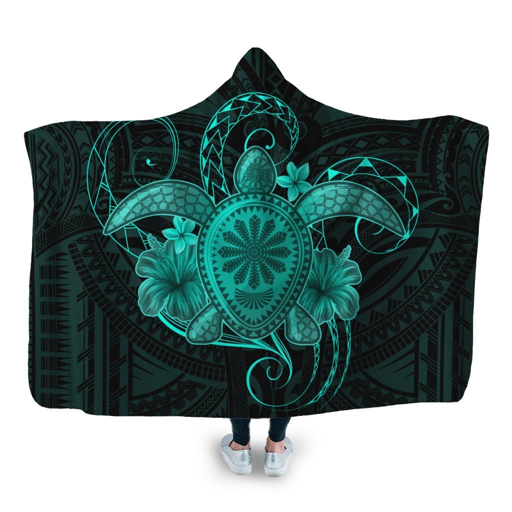 Hawaii Turtle Hibiscus Polynesian Hooded Blanket - Full Style - Turquoise - AH Hooded Blanket White - Polynesian Pride