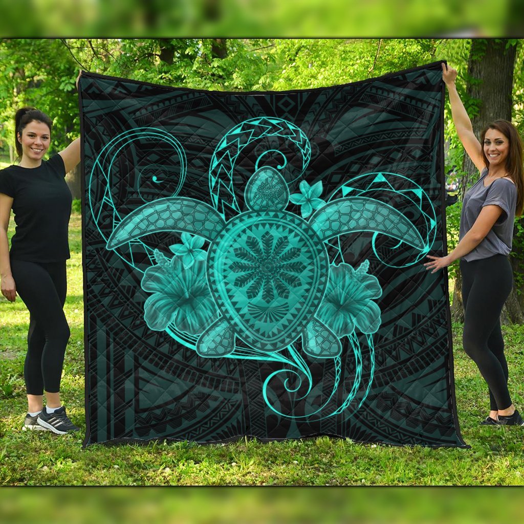 Hawaii Turtle Hibiscus Polynesian Premium Quilts - Full Style - Turquoise - AH Black - Polynesian Pride