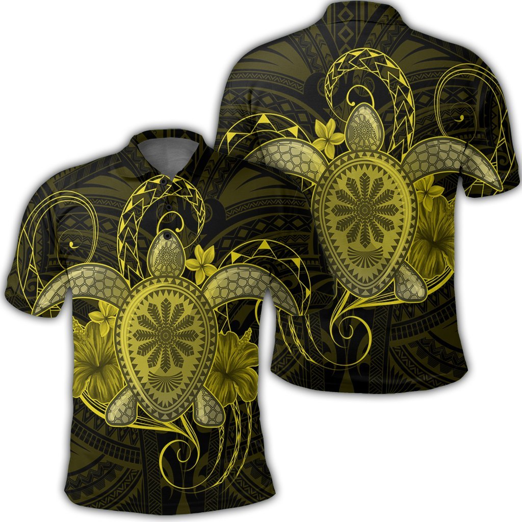 Hawaii Turtle Hibiscus Polynesian Polo Shirt Full Style Yellow Unisex Black - Polynesian Pride