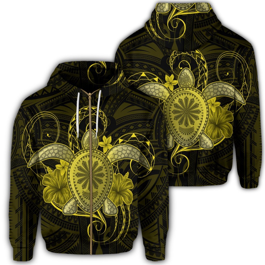 Hawaii Turtle Hibiscus Polynesian Zip Hoodie Full Style Yellow Unisex Art - Polynesian Pride