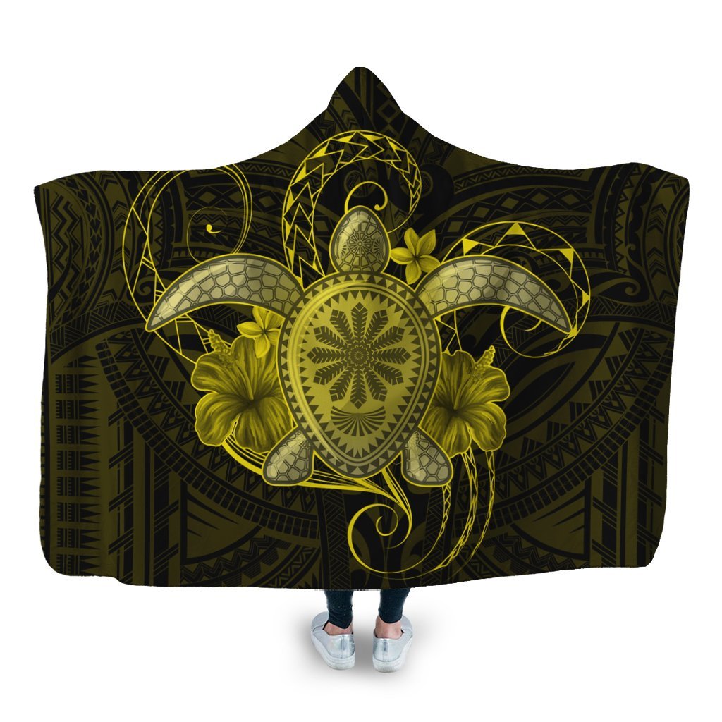 Hawaii Turtle Hibiscus Polynesian Hooded Blanket - Full Style - Yellow - AH Hooded Blanket White - Polynesian Pride