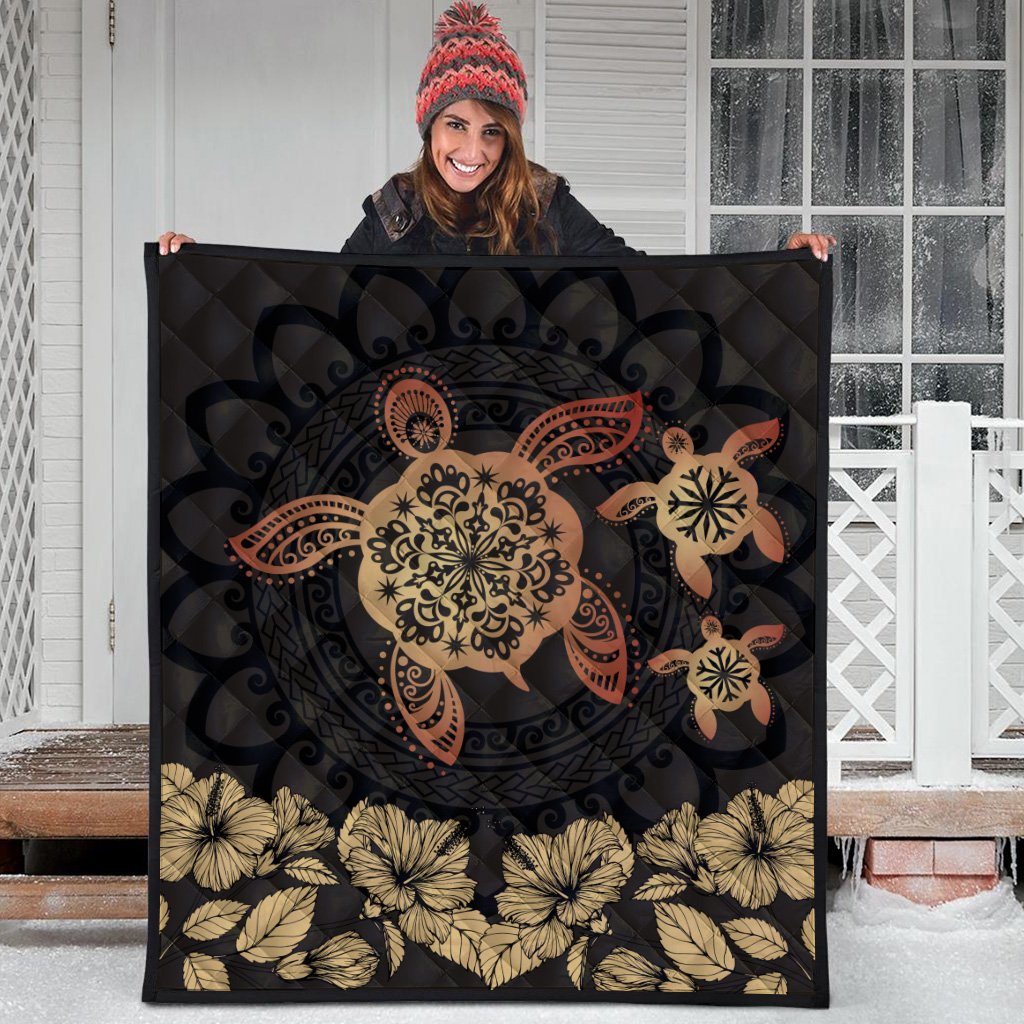 Hawaii Turtles Hibiscus Premium Quilt - Latte Style - AH Brown - Polynesian Pride