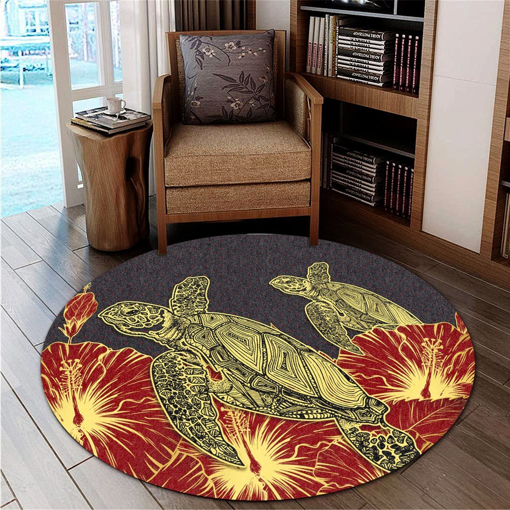 Hawaii Turtle Hibiscus Red Round Carpet - AH - Polynesian Pride