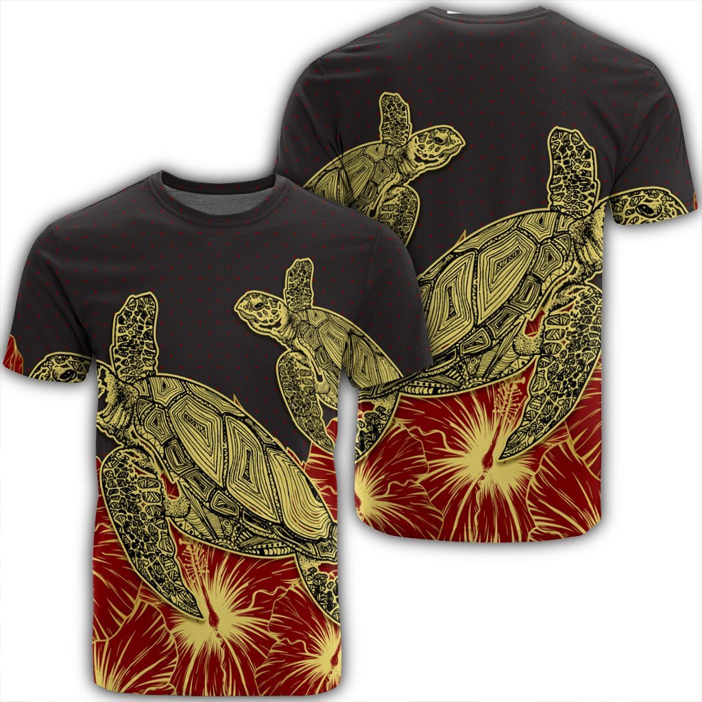 Hawaii Turtle Hibiscus Red T Shirt Unisex Black - Polynesian Pride