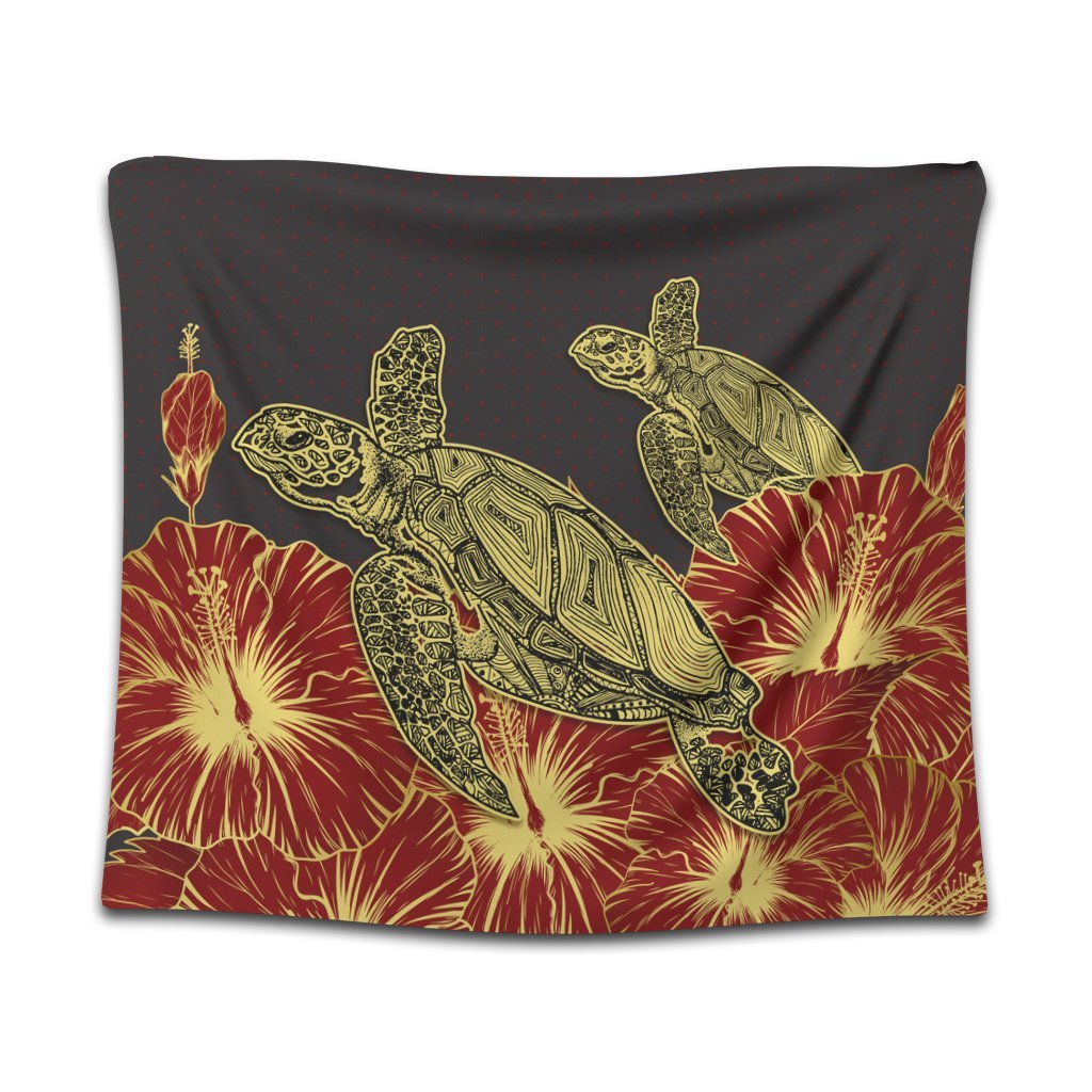 Hawaii Turtle Hibiscus Red Tapestry - AH Wall Tapestry Black - Polynesian Pride