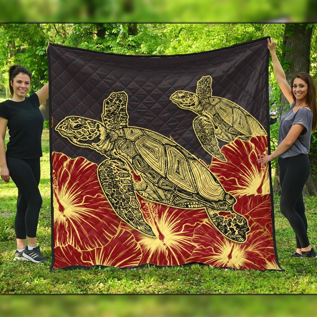 Hawaii Turtle Hibiscus Red Premium Quilts - AH Black - Polynesian Pride