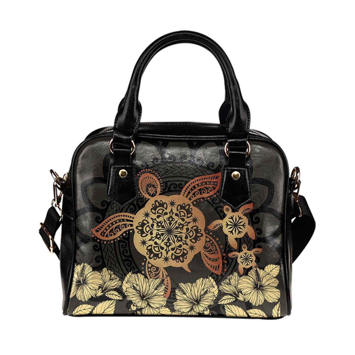 Hawaii Turtles Hibiscus Shoulder Handbag - Latte Style - AH One Size Brown - Polynesian Pride