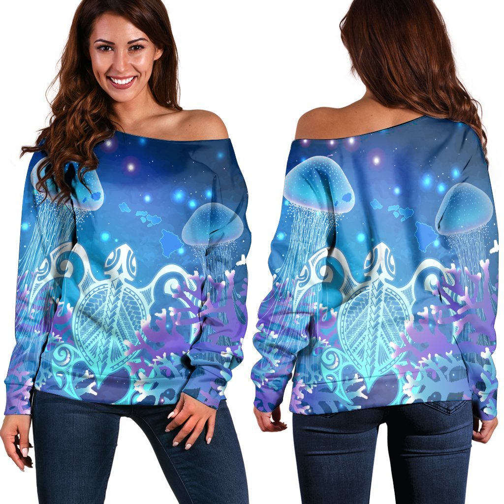 Hawaii Turtle Jellyfish Coral Women's Off Shoulder Sweater Galaxy Women's Off Shoulder Sweater - AH Black - Polynesian Pride