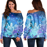 Hawaii Turtle Jellyfish Coral Women's Off Shoulder Sweater Galaxy Women's Off Shoulder Sweater - AH Black - Polynesian Pride