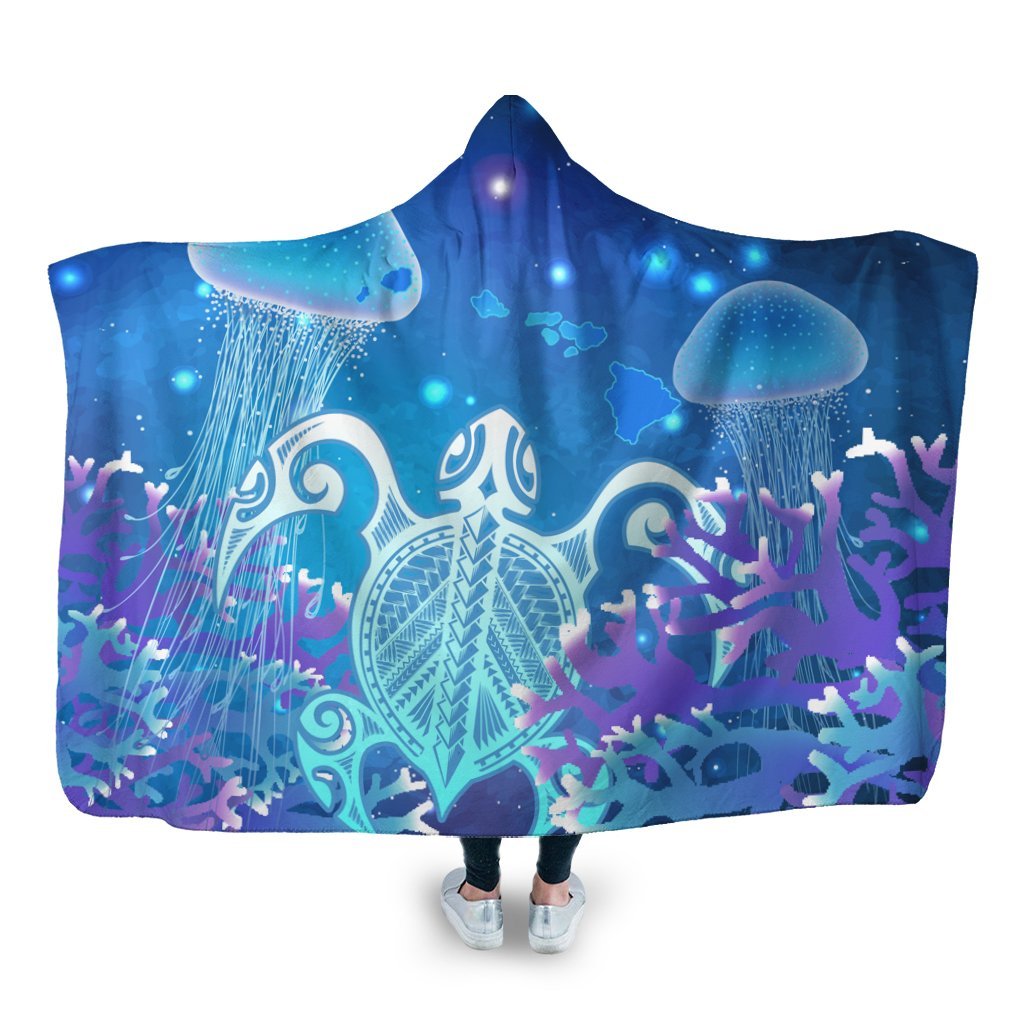 Hawaii Turtle Jellyfish Coral Hooded Blanket Galaxy Hooded Blanket - AH Hooded Blanket White - Polynesian Pride