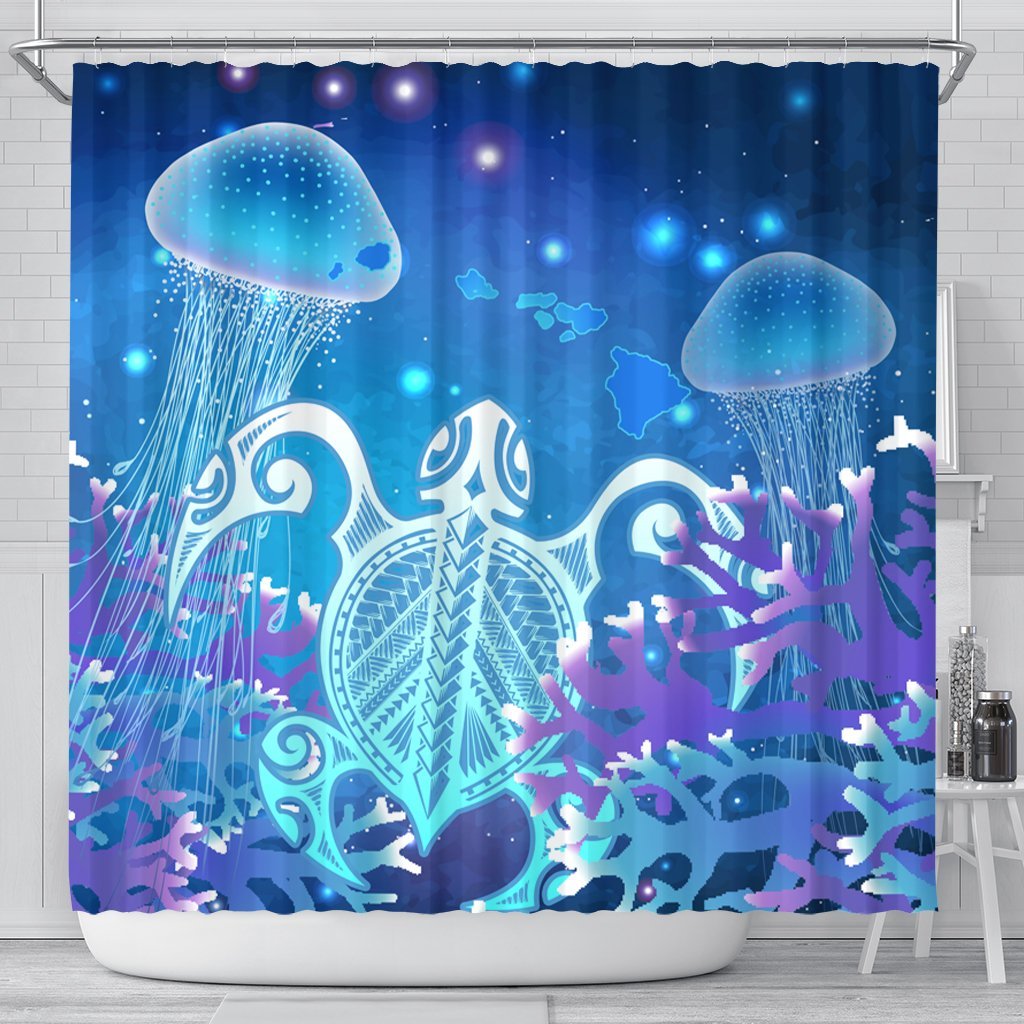 Hawaii Turtle Jellyfish Coral Shower Curtain Galaxy Shower Curtain - AH 177 x 172 (cm) Black - Polynesian Pride