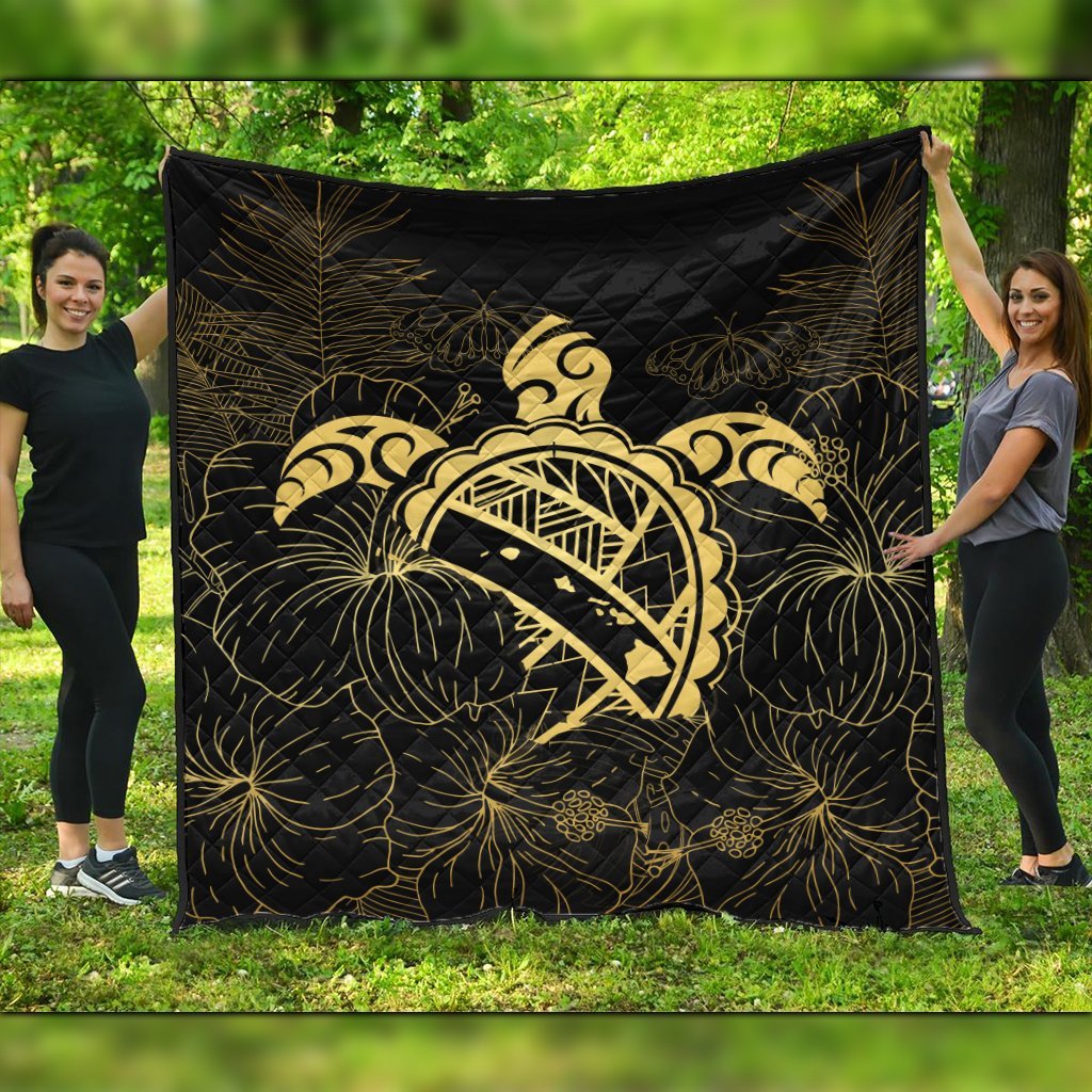 Hawaii Turtle Kanaka Golden Premium Quilts - AH Black - Polynesian Pride