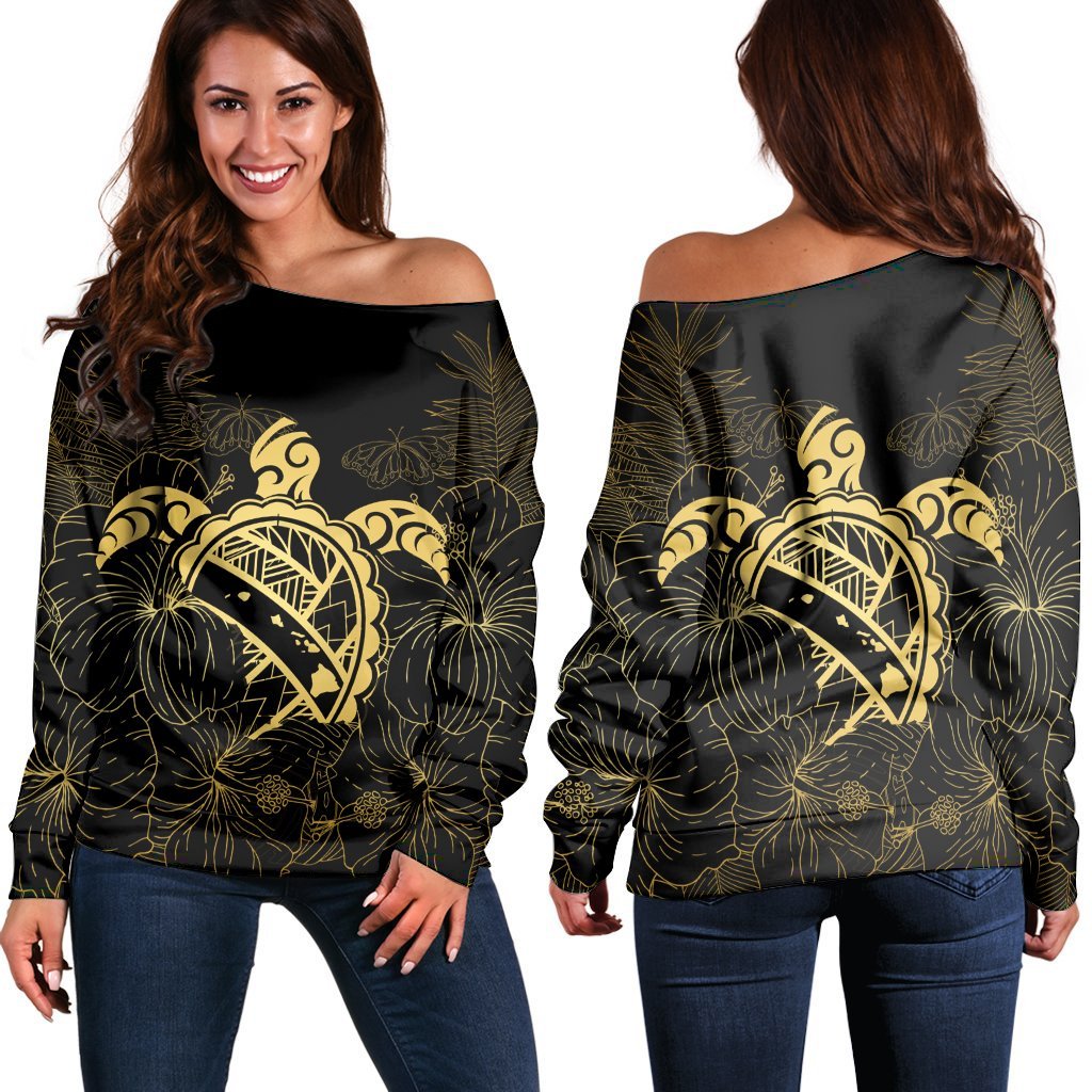 Hawaii Turtle Kanaka Golden Women's Off Shoulder Sweater - AH Black - Polynesian Pride