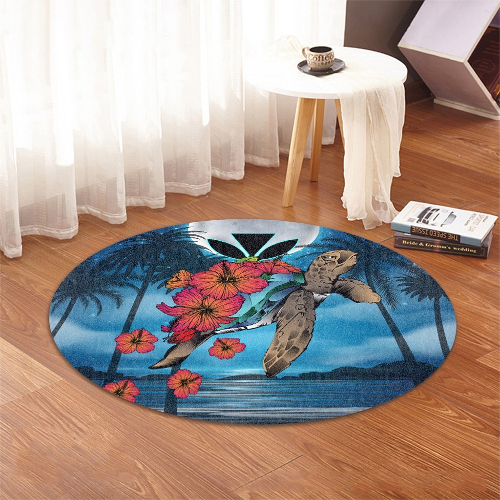 Hawaii Turtle Kanaka Hibiscus Stary Night Round Carpet - AH - Polynesian Pride