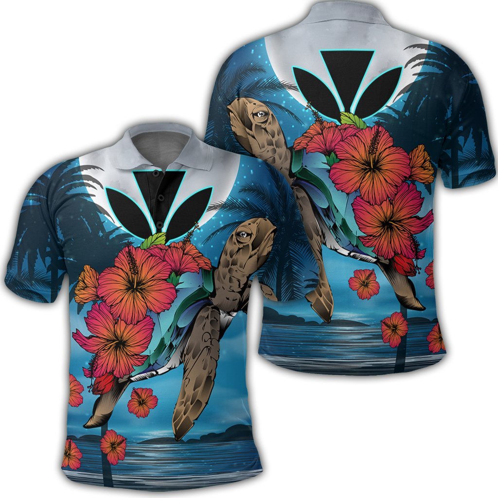 Hawaii Turtle Kanaka Hibiscus Stary Night Polo Shirt Unisex Black - Polynesian Pride