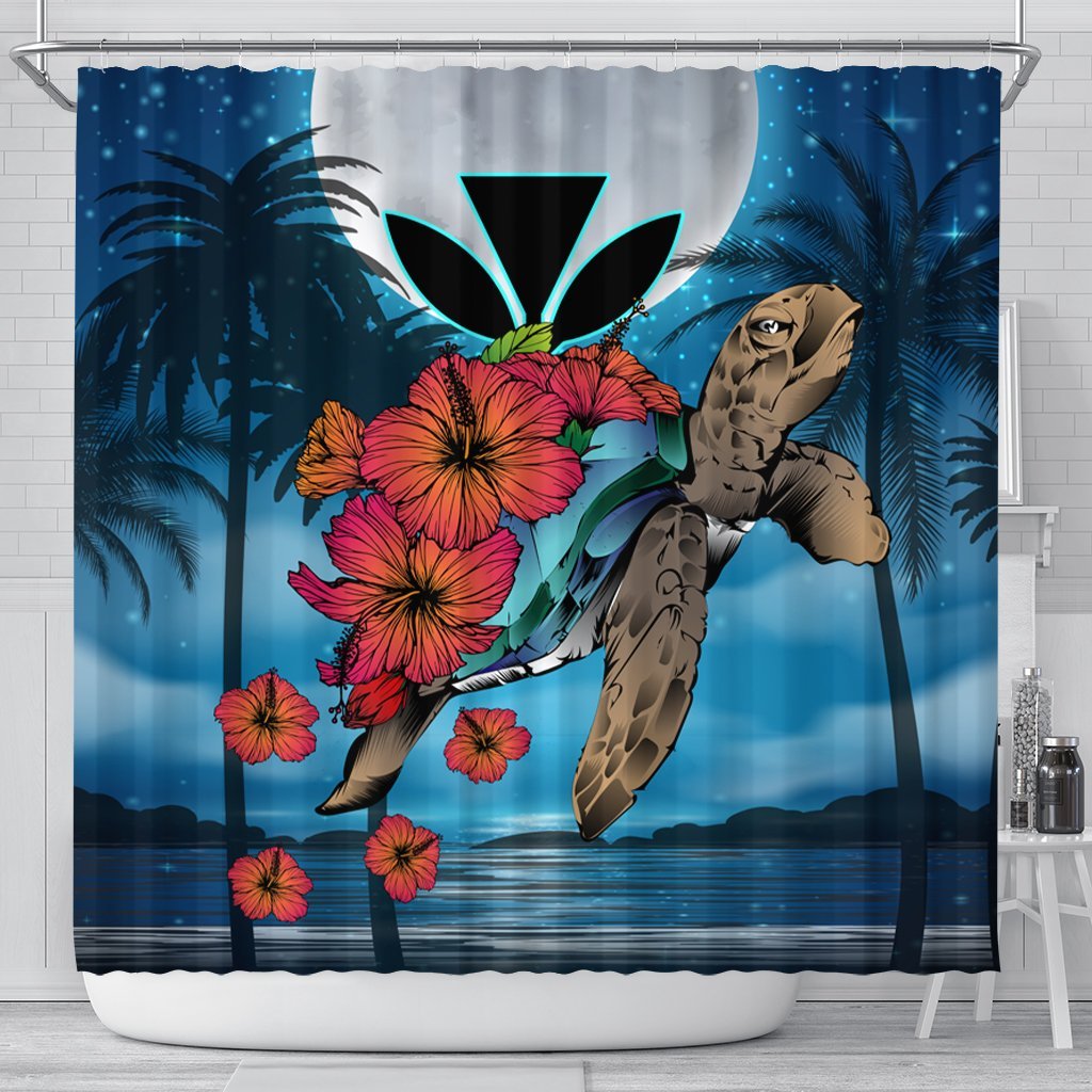 Hawaii Turtle Kanaka Hibiscus Stary Night Shower Curtain - AH 177 x 172 (cm) Black - Polynesian Pride