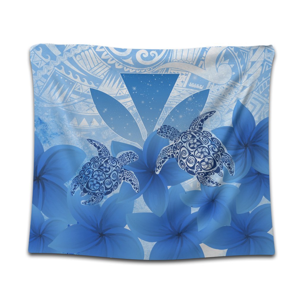 Hawaii Turtle Kanaka Plumeria Polynesian Tapestry Blue - AH Wall Tapestry Black - Polynesian Pride