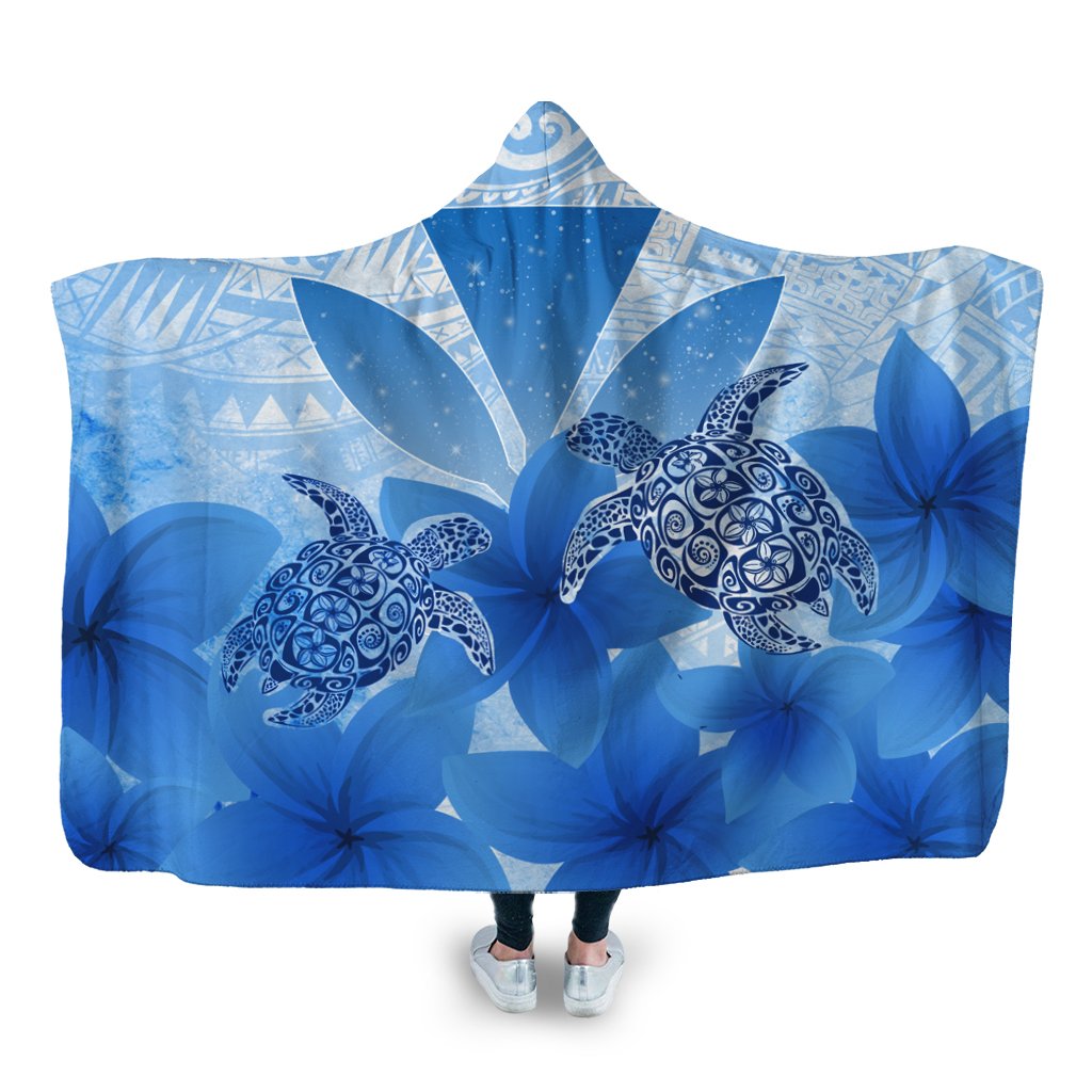 Hawaii Turtle Kanaka Plumeria Polynesian Hooded Blanket Blue - AH Hooded Blanket White - Polynesian Pride