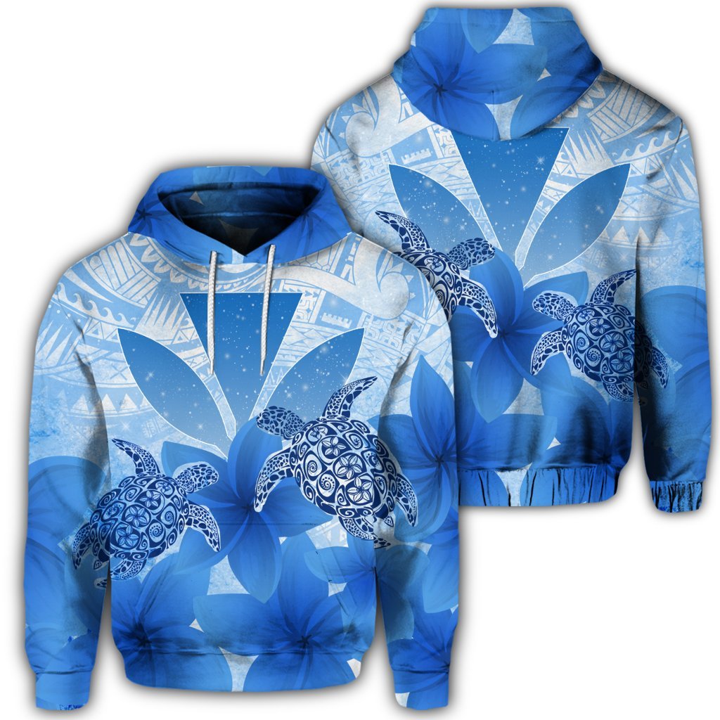 Hawaii Turtle Kanaka Plumeria Polynesian Hoodie Blue Unisex Art - Polynesian Pride