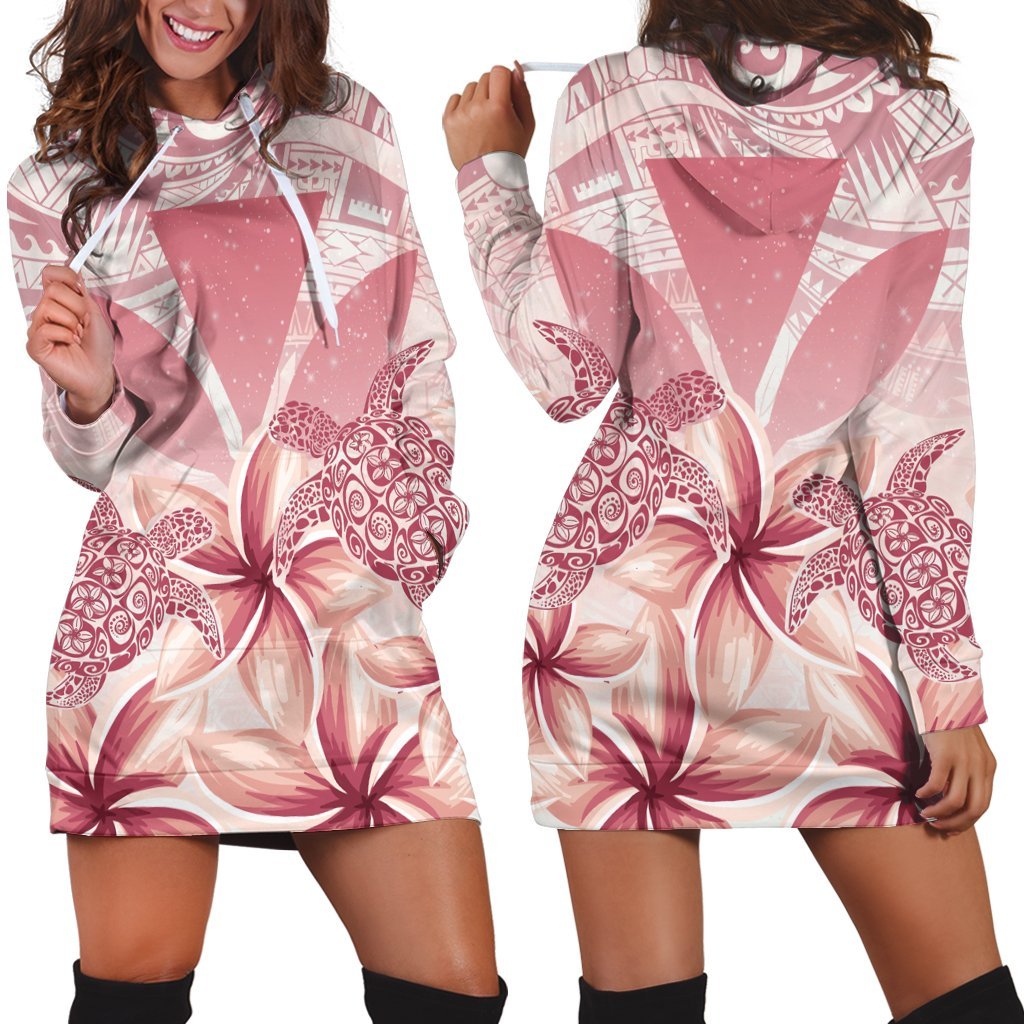 Hawaii Turtle Kanaka Plumeria Polynesian Hoodie Dress Pink - AH Black - Polynesian Pride