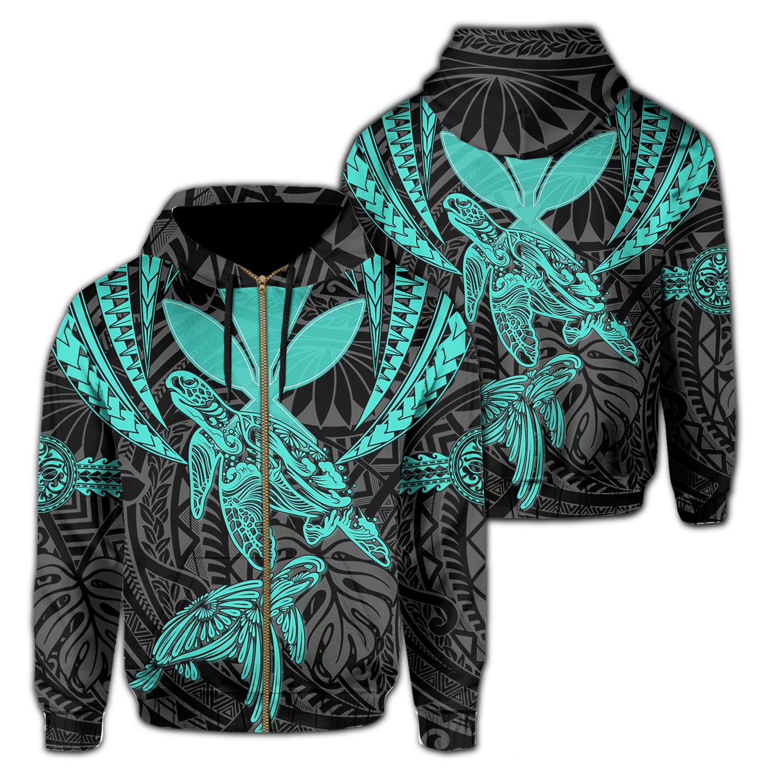 Hawaii Turtle Kanaka Tropical Polynesian Hoodie Zip Turquoise Royi Style Unisex Turquoise - Polynesian Pride
