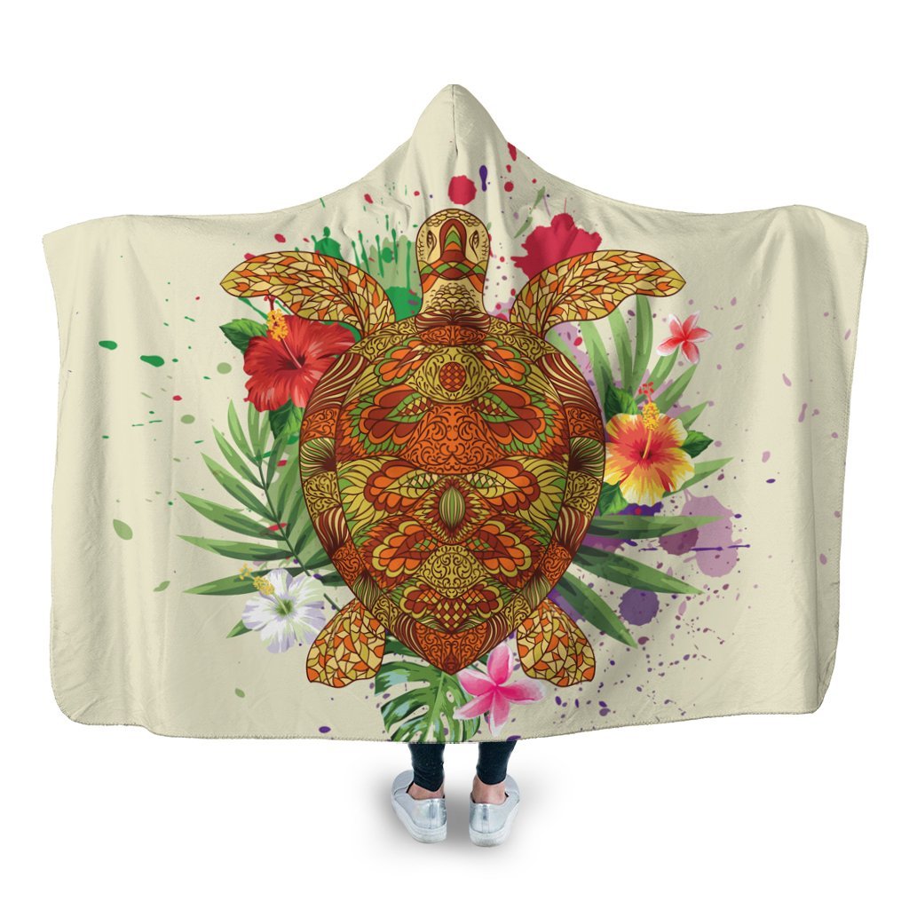 Hawaii Turtle Life Hibiscus Design Hooded Blanket - AH Hooded Blanket White - Polynesian Pride