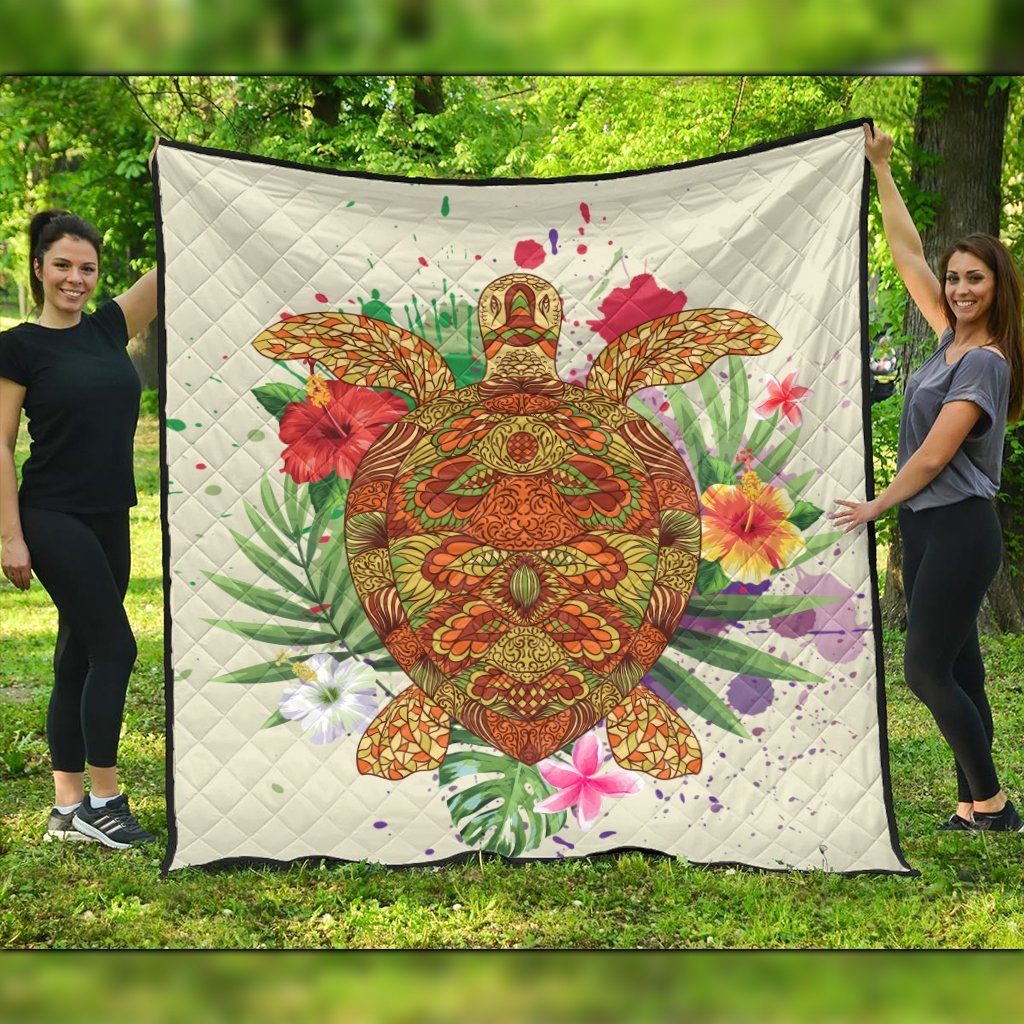 Hawaii Turtle Life Hibiscus Design Premium Quilts - AH Black - Polynesian Pride