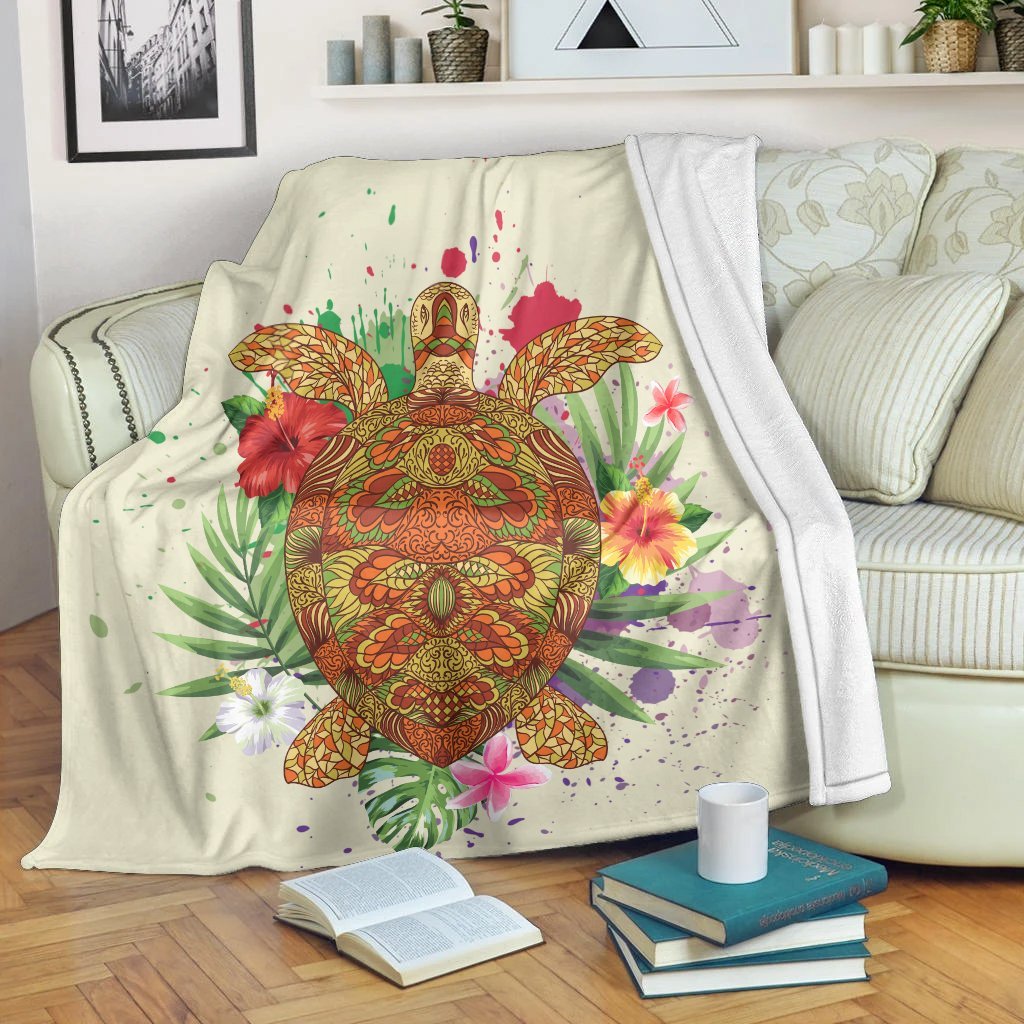 Hawaii Turtle Life Hibiscus Design Premium Blankets - AH White - Polynesian Pride