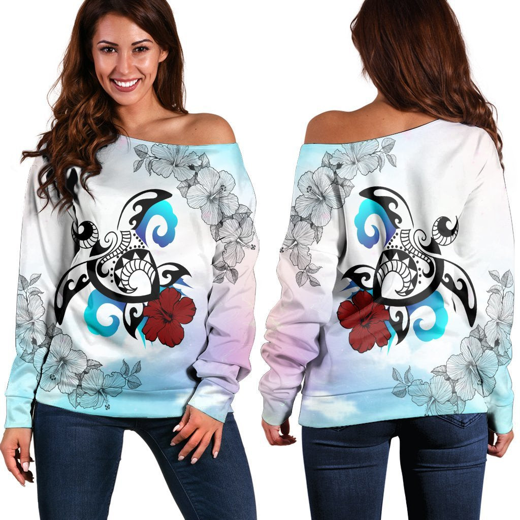 Hawaii Turtle Lollipop Plumeria Women's Off Shoulder Sweater - AH Black - Polynesian Pride