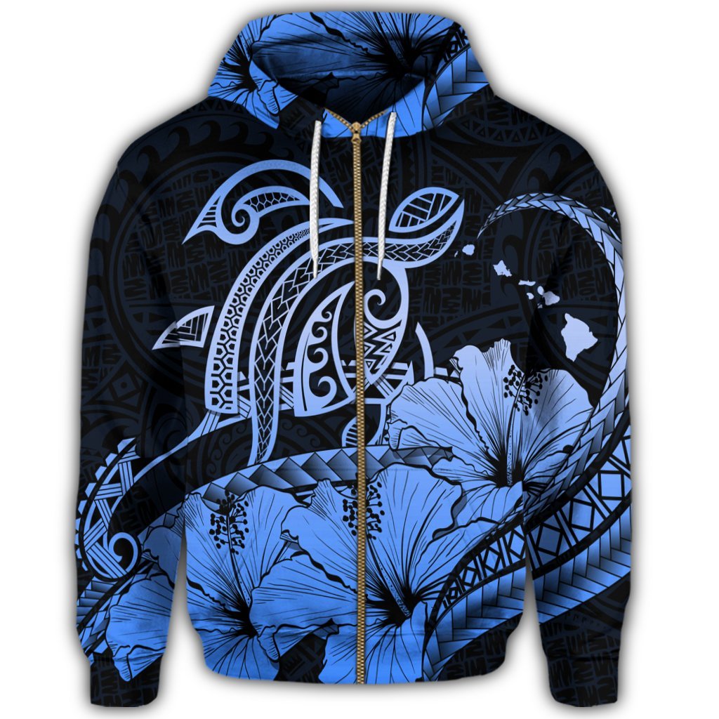 Hawaii Turtle Map Polynesian Zip Hoodie Safety Blue - Polynesian Pride