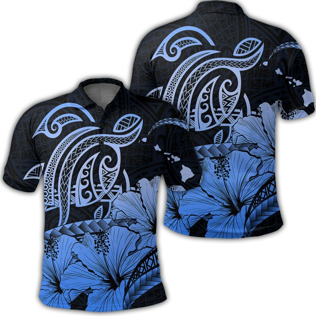 Hawaii Turtle Map Polynesian Polo Shirt Safety Blue Unisex Black - Polynesian Pride