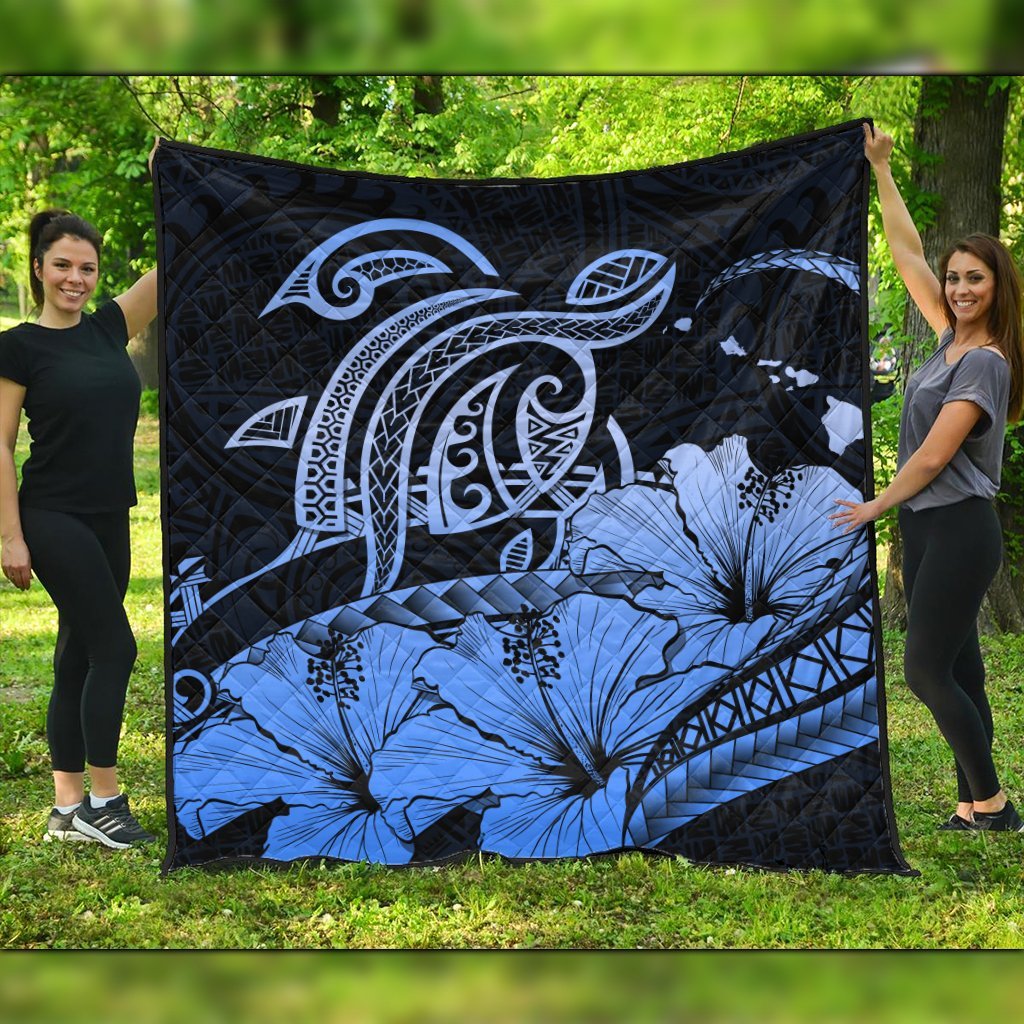 Hawaii Turtle Map Polynesian Premium Quilts Safety Blue - AH Black - Polynesian Pride