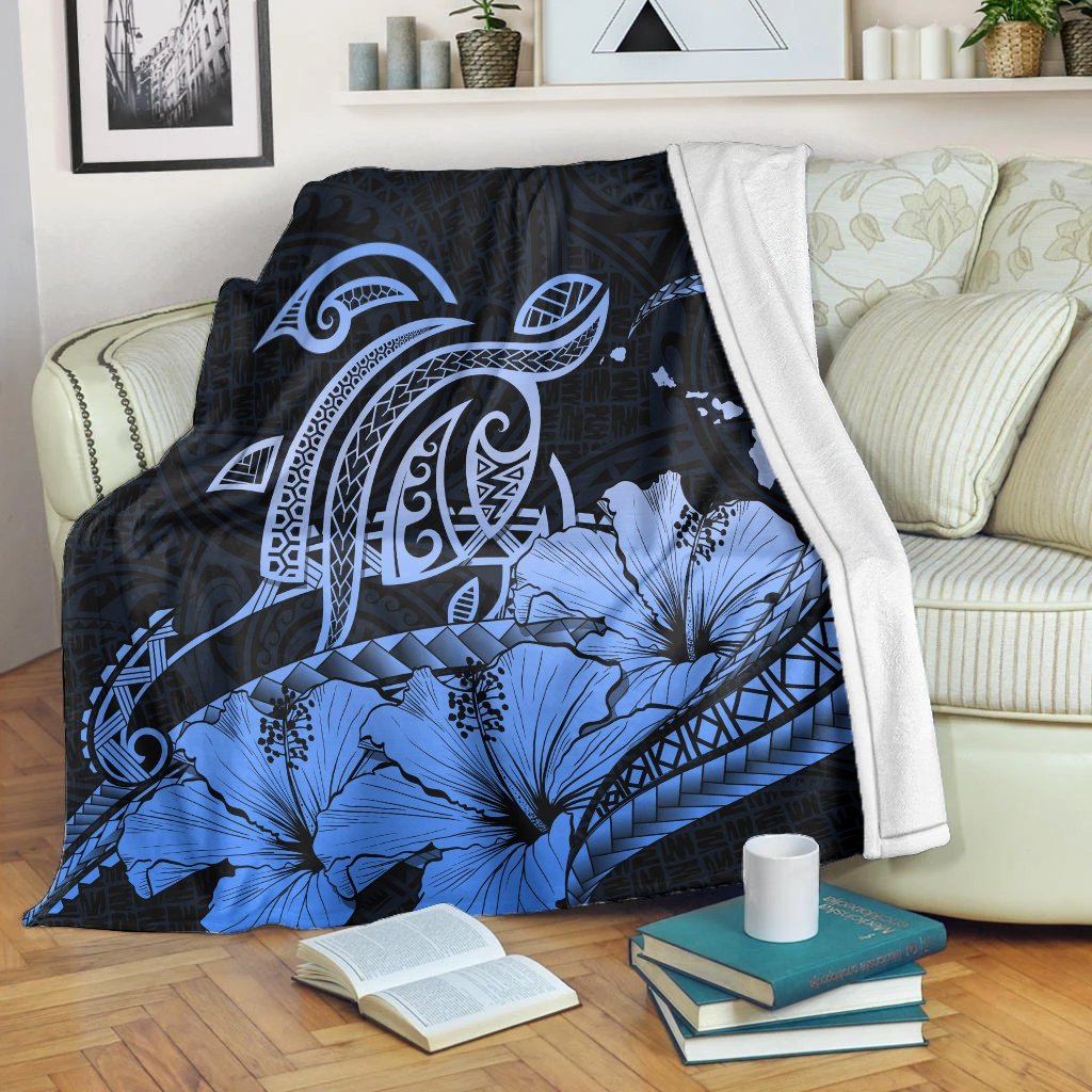 Hawaii Turtle Map Polynesian Premium Blankets Safety Blue - AH White - Polynesian Pride