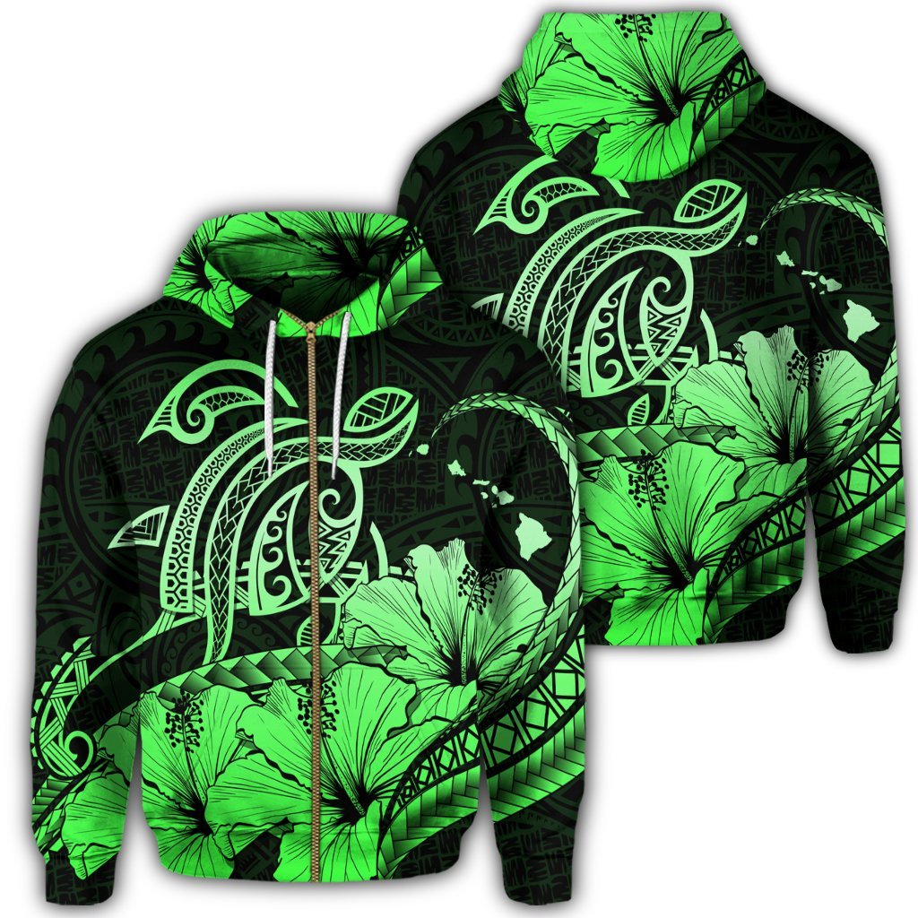 Hawaii Turtle Map Polynesian Zip Hoodie Safety Green Unisex Art - Polynesian Pride
