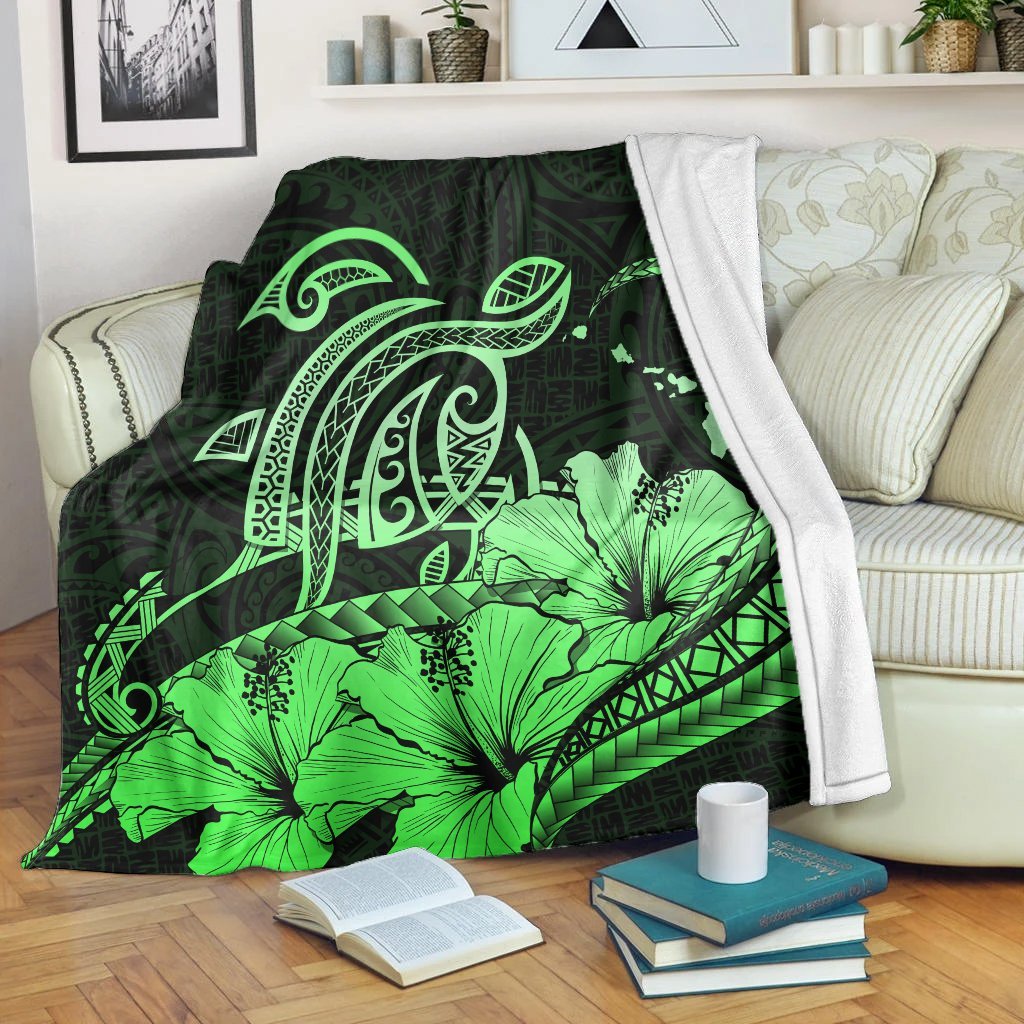 Hawaii Turtle Map Polynesian Premium Blankets Safety Green - AH White - Polynesian Pride