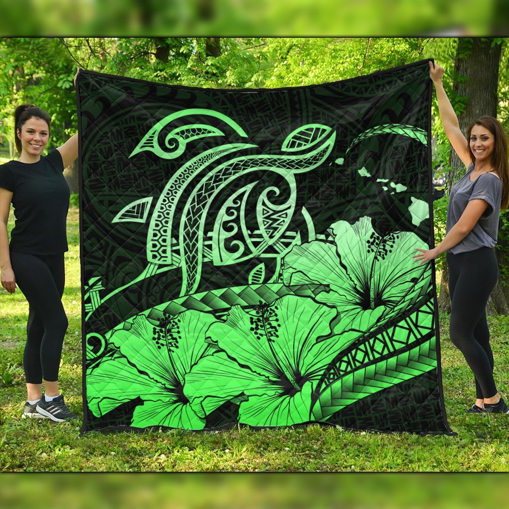 Hawaii Turtle Map Polynesian Premium Quilts Safety Green - AH Black - Polynesian Pride