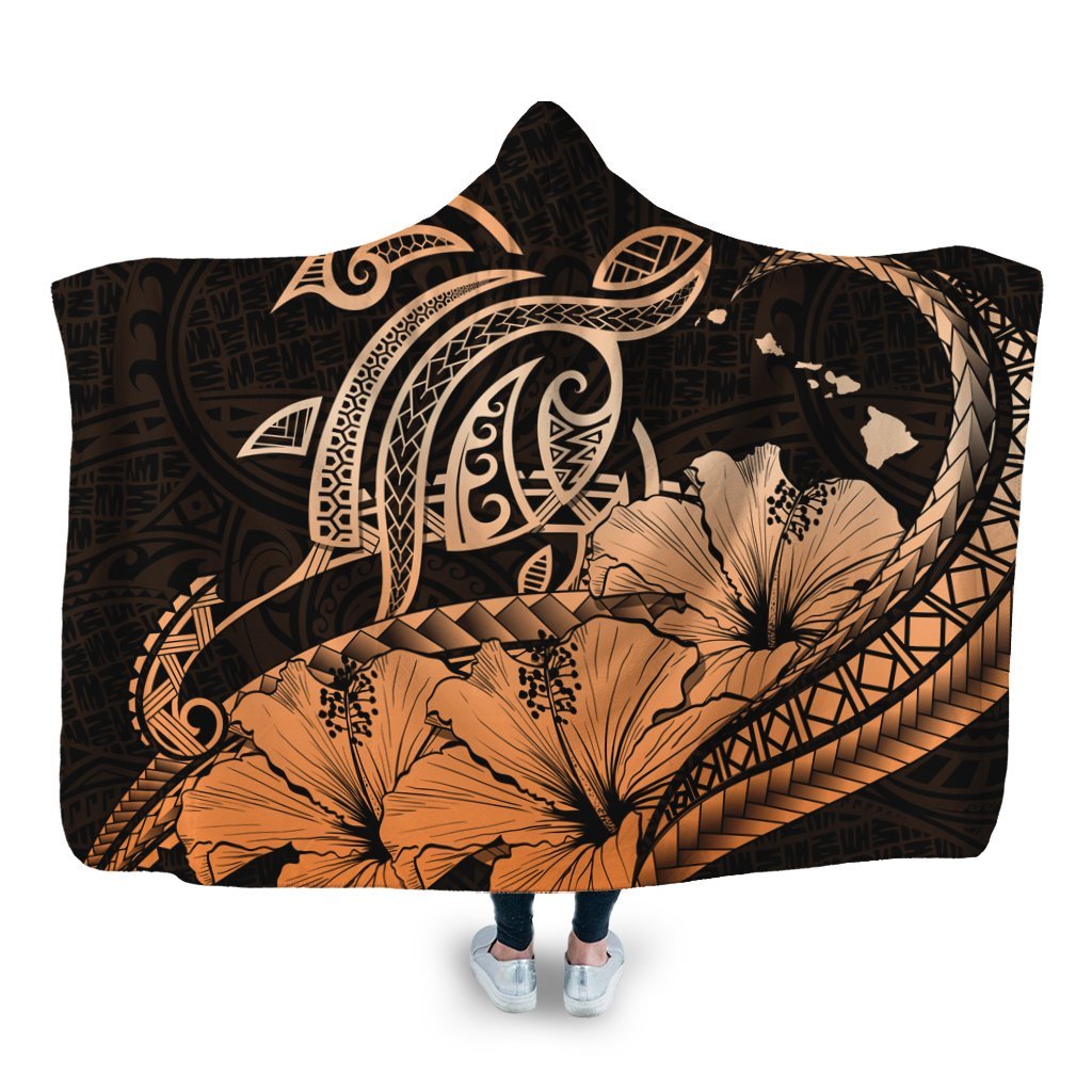 Hawaii Turtle Map Polynesian Hooded Blanket Safety Orange - AH Hooded Blanket White - Polynesian Pride